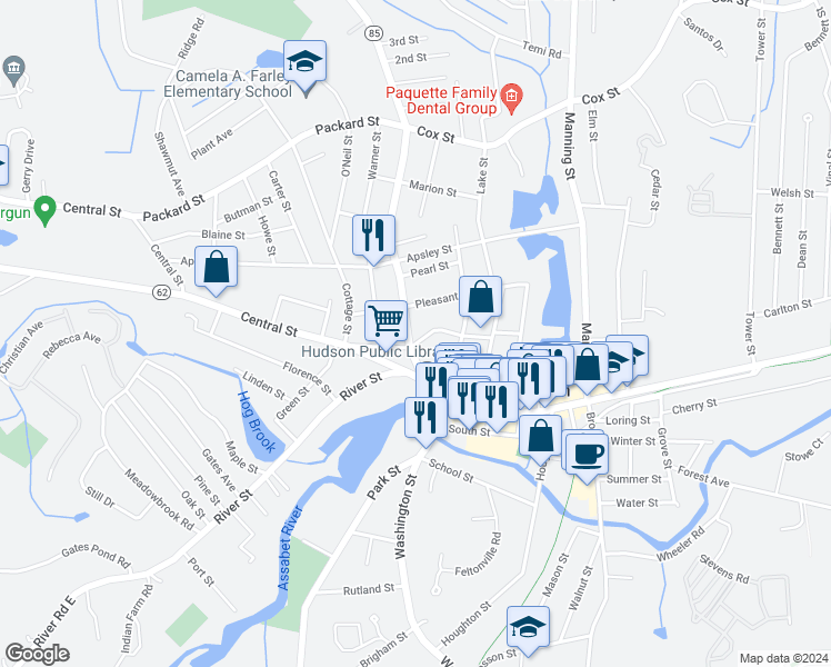 map of restaurants, bars, coffee shops, grocery stores, and more near 15 Lincoln Street in Hudson