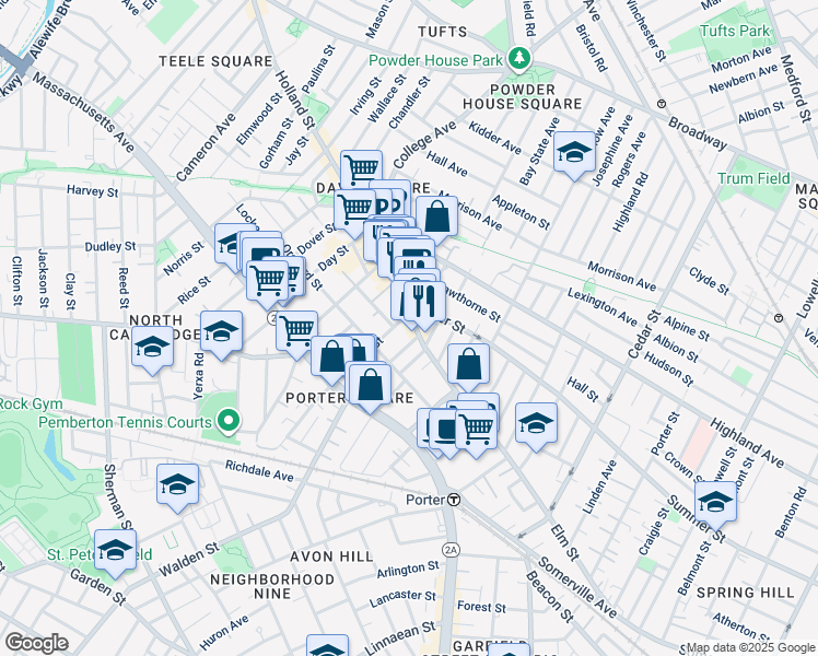 map of restaurants, bars, coffee shops, grocery stores, and more near 202 Elm Street in Cambridge