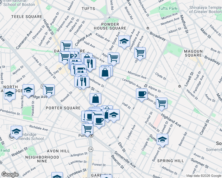 map of restaurants, bars, coffee shops, grocery stores, and more near 18 Charnwood Road in Somerville