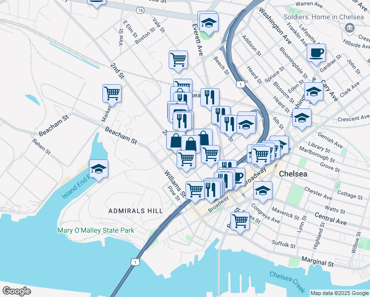 map of restaurants, bars, coffee shops, grocery stores, and more near 105 2nd Street in Chelsea