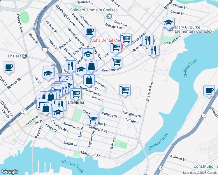 map of restaurants, bars, coffee shops, grocery stores, and more near 181 Highland Street in Chelsea