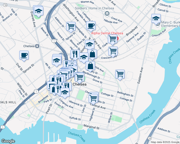 map of restaurants, bars, coffee shops, grocery stores, and more near 49 Marlborough Street in Chelsea