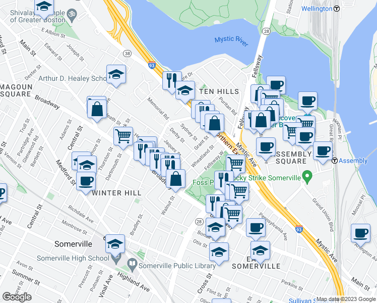 map of restaurants, bars, coffee shops, grocery stores, and more near 19 Jaques Street in Somerville