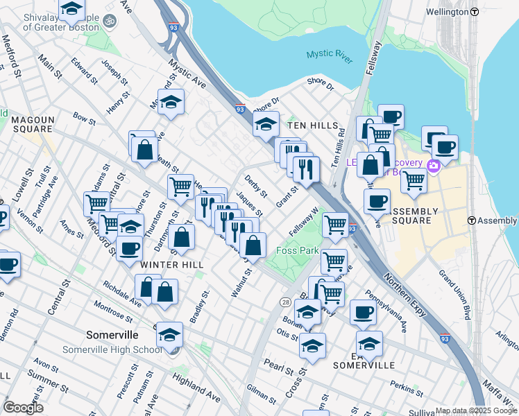 map of restaurants, bars, coffee shops, grocery stores, and more near 11 Sewall Street in Somerville