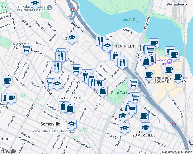 map of restaurants, bars, coffee shops, grocery stores, and more near 15 Temple Street in Somerville