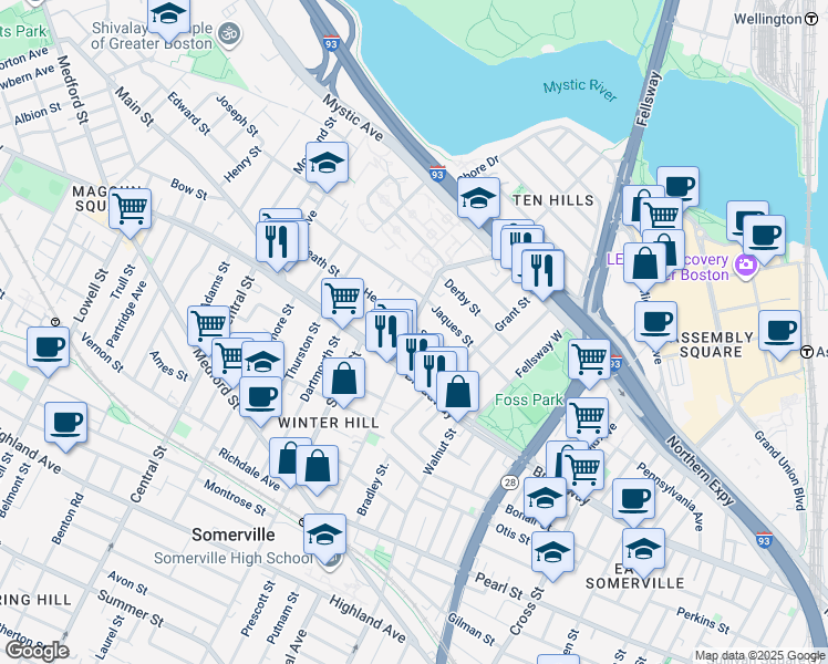 map of restaurants, bars, coffee shops, grocery stores, and more near 15 Temple Street in Somerville