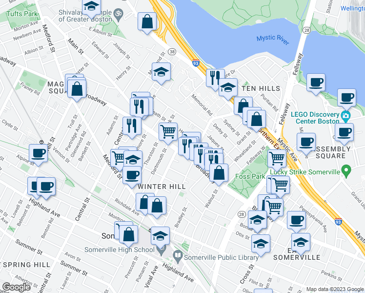 map of restaurants, bars, coffee shops, grocery stores, and more near 331 Broadway in Somerville