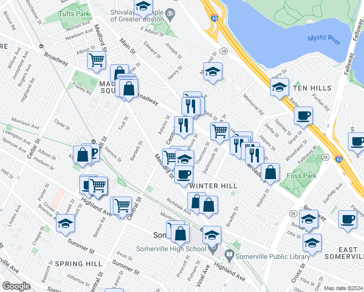 map of restaurants, bars, coffee shops, grocery stores, and more near 138 Sycamore Street in Somerville