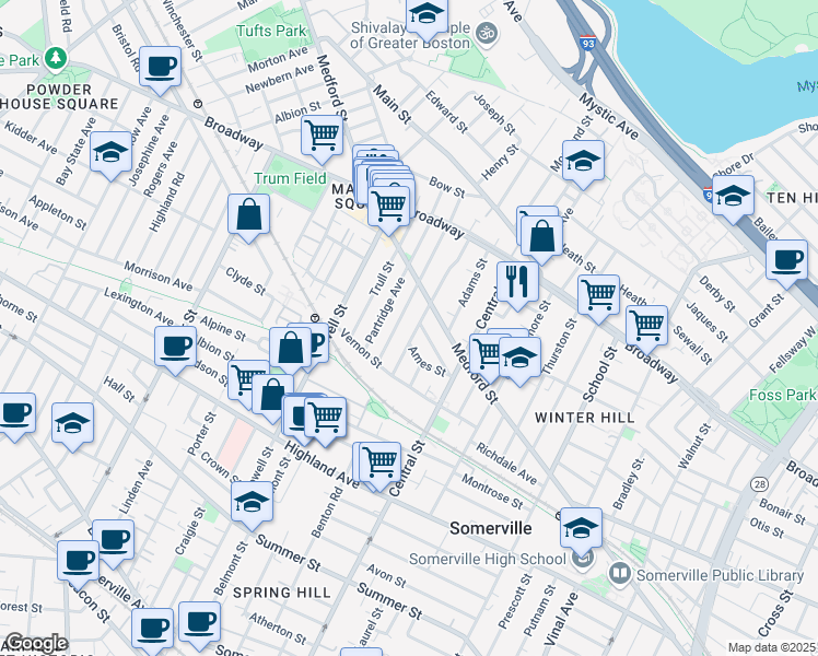 map of restaurants, bars, coffee shops, grocery stores, and more near 28 Bartlett Street in Somerville