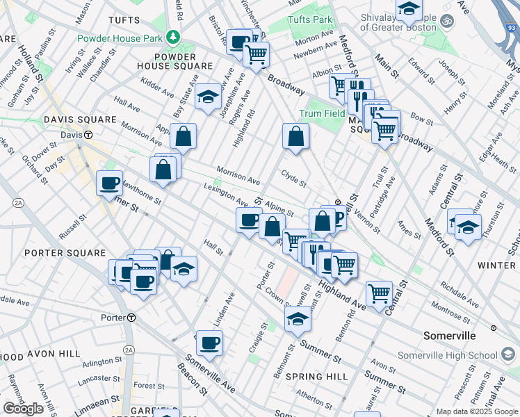 map of restaurants, bars, coffee shops, grocery stores, and more near 159 Albion Street in Somerville