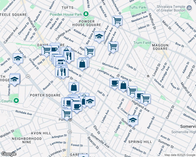 map of restaurants, bars, coffee shops, grocery stores, and more near 322 Highland Avenue in Somerville