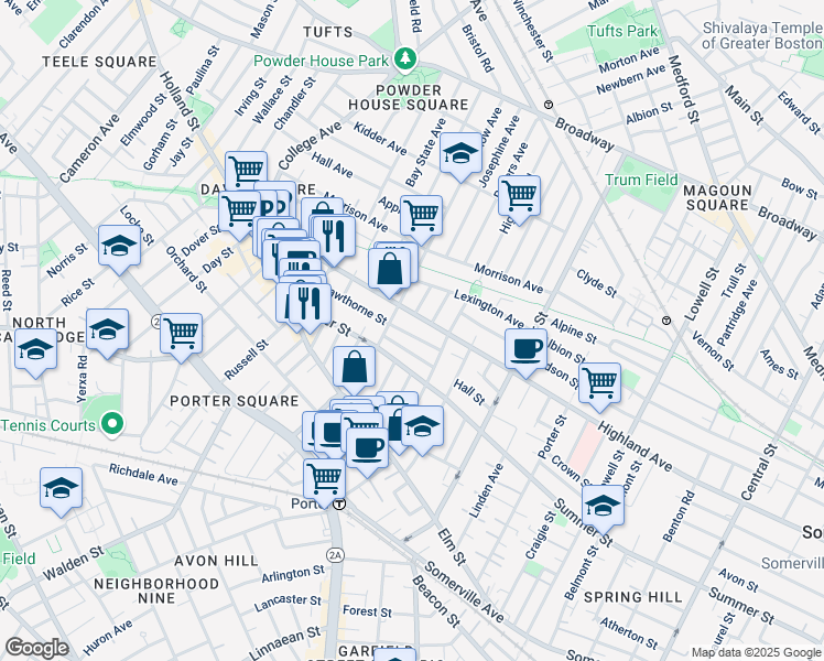 map of restaurants, bars, coffee shops, grocery stores, and more near 18 Charnwood Road in Somerville