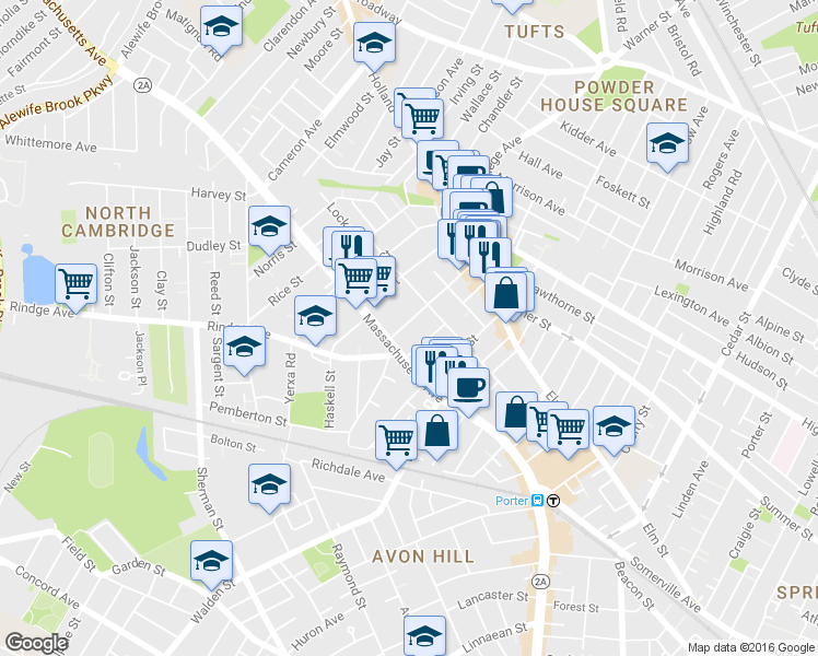 map of restaurants, bars, coffee shops, grocery stores, and more near 15 Milton Street in Cambridge