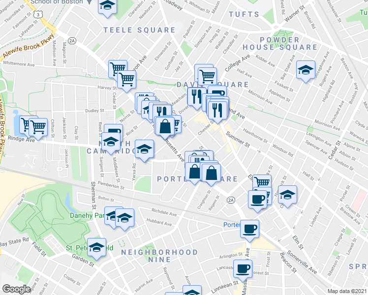 map of restaurants, bars, coffee shops, grocery stores, and more near 2192 Massachusetts Avenue in Cambridge