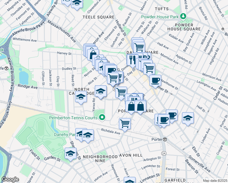 map of restaurants, bars, coffee shops, grocery stores, and more near 22 Haskell Street in Cambridge