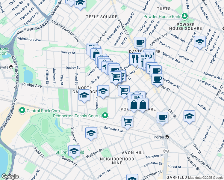 map of restaurants, bars, coffee shops, grocery stores, and more near 22 Haskell Street in Cambridge