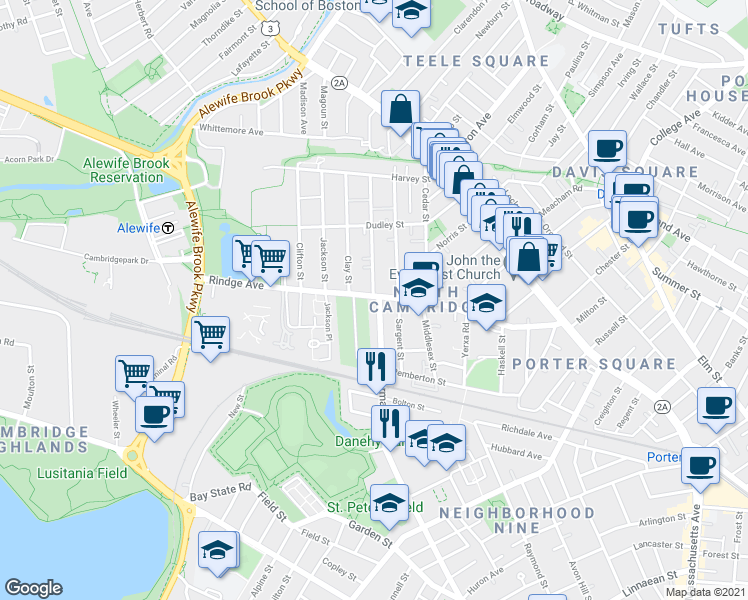 map of restaurants, bars, coffee shops, grocery stores, and more near 195 Sherman Street in Cambridge