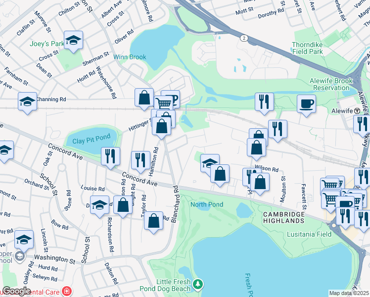 map of restaurants, bars, coffee shops, grocery stores, and more near 42 Sunset Road in Cambridge