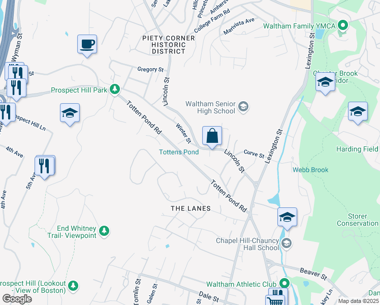 map of restaurants, bars, coffee shops, grocery stores, and more near 2 Winter Street in Waltham