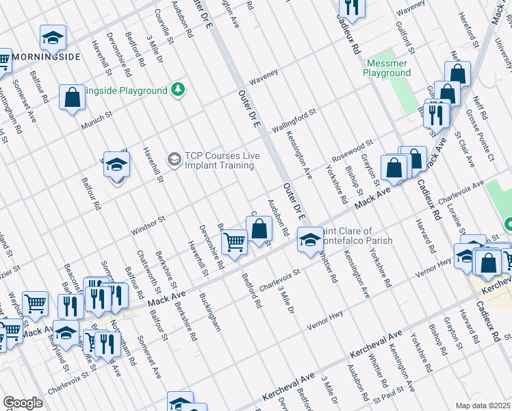 map of restaurants, bars, coffee shops, grocery stores, and more near 3600 Courville Street in Detroit