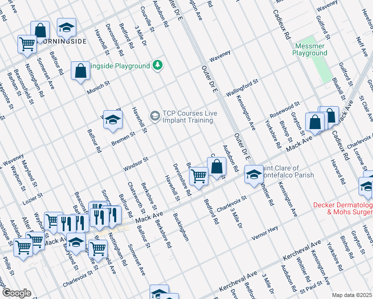 map of restaurants, bars, coffee shops, grocery stores, and more near 3661 Bedford Road in Detroit
