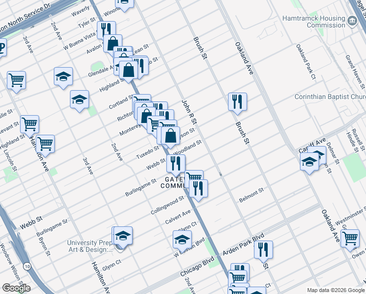 map of restaurants, bars, coffee shops, grocery stores, and more near 80 Woodland Street in Detroit
