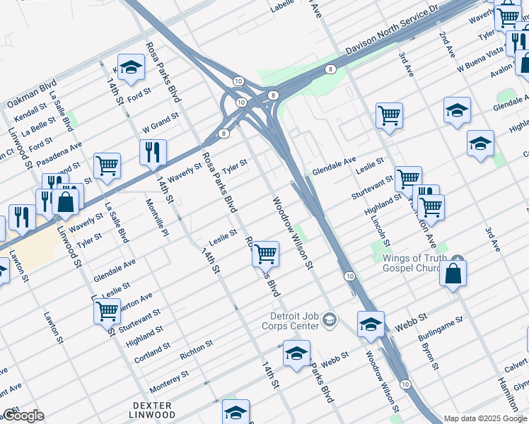map of restaurants, bars, coffee shops, grocery stores, and more near 1643 Leslie Street in Detroit