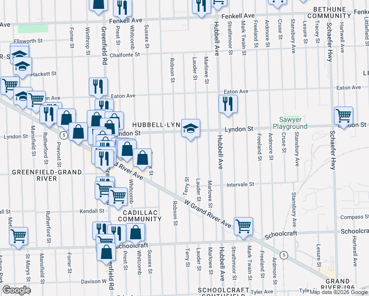 map of restaurants, bars, coffee shops, grocery stores, and more near 14339 Terry Street in Detroit