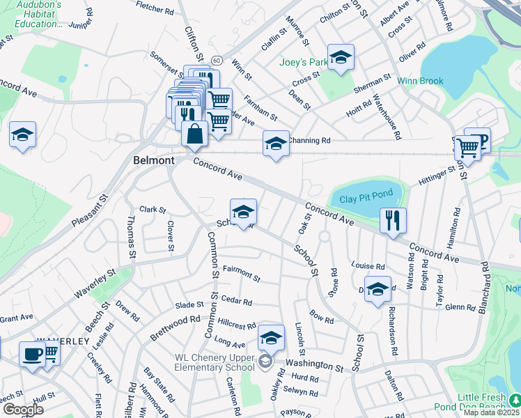 map of restaurants, bars, coffee shops, grocery stores, and more near 35 Myrtle Street in Belmont