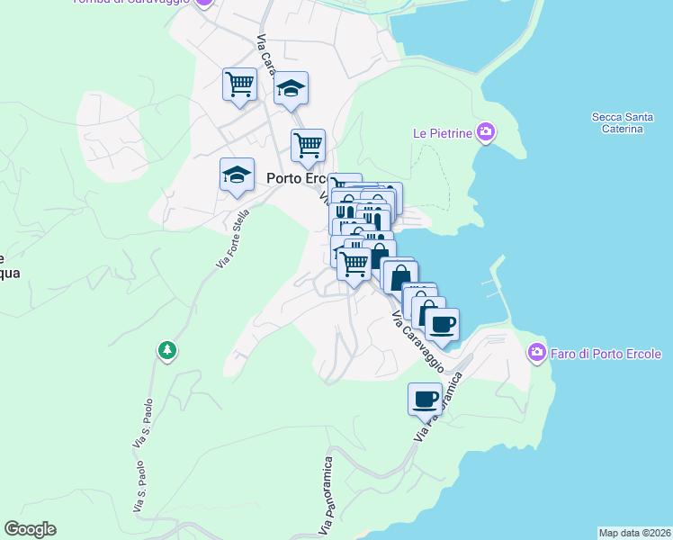 map of restaurants, bars, coffee shops, grocery stores, and more near 31 Via delle Buche in Porto Ercole