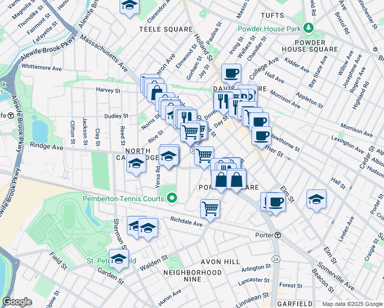 map of restaurants, bars, coffee shops, grocery stores, and more near 2222 Massachusetts Avenue in Cambridge