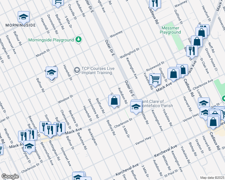 map of restaurants, bars, coffee shops, grocery stores, and more near 3600 Courville Street in Detroit