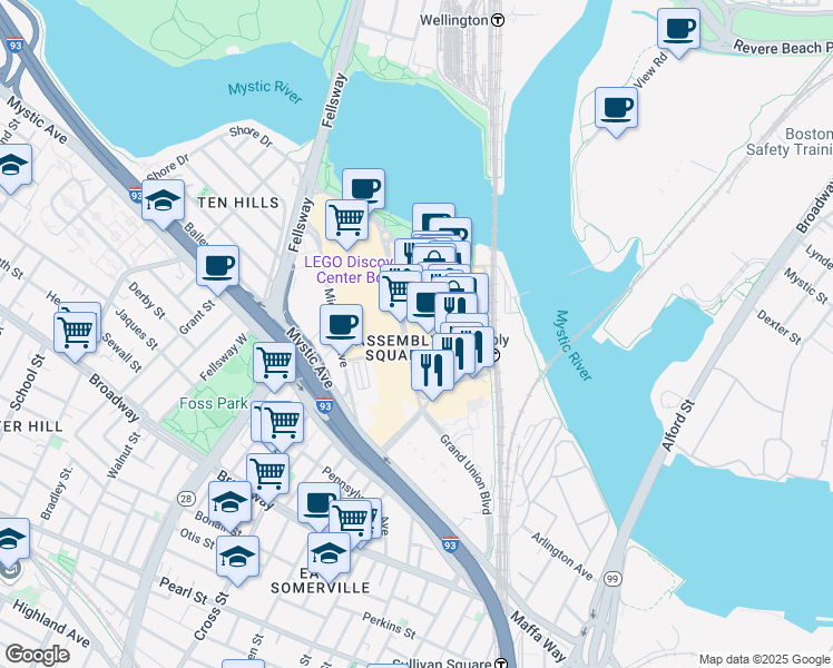 map of restaurants, bars, coffee shops, grocery stores, and more near in Somerville