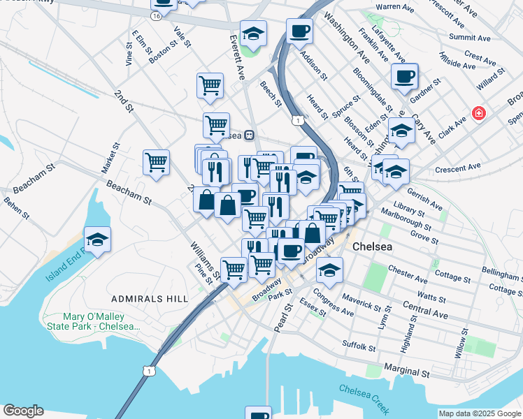 map of restaurants, bars, coffee shops, grocery stores, and more near 80 Everett Avenue in Chelsea