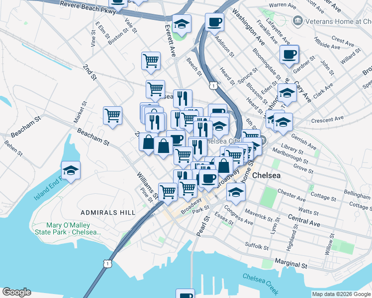 map of restaurants, bars, coffee shops, grocery stores, and more near 80 Everett Avenue in Chelsea