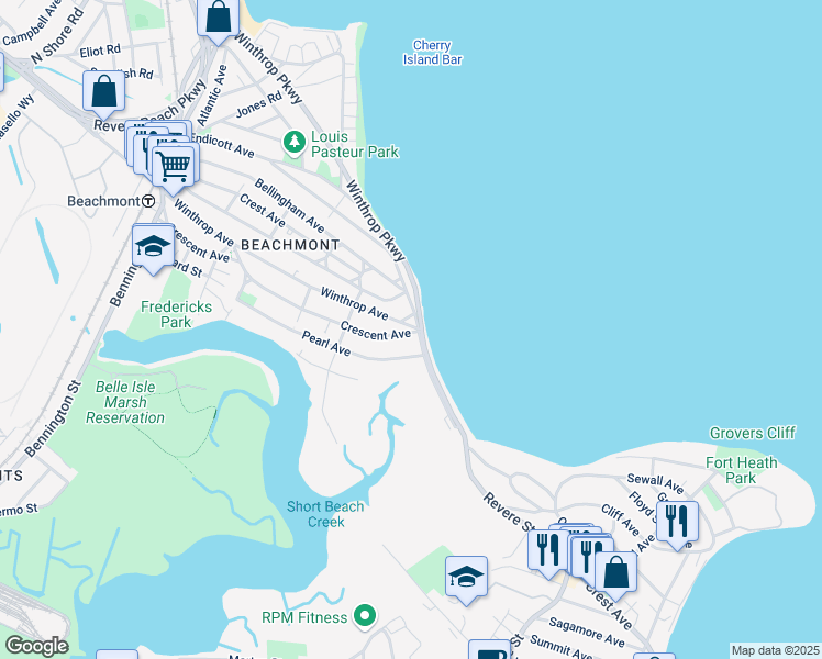 map of restaurants, bars, coffee shops, grocery stores, and more near 295R Crescent Avenue in Revere