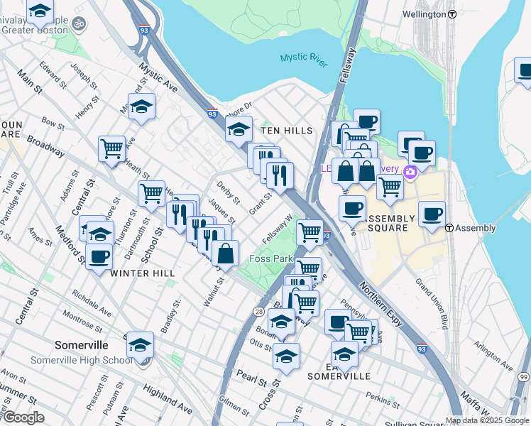 map of restaurants, bars, coffee shops, grocery stores, and more near in Somerville
