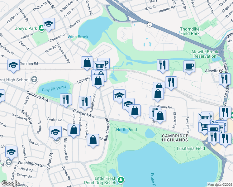 map of restaurants, bars, coffee shops, grocery stores, and more near 84 Griswold Street in Cambridge