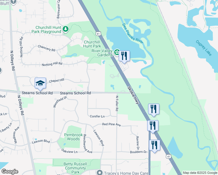 map of restaurants, bars, coffee shops, grocery stores, and more near 15354 Stearns School Road in Gurnee