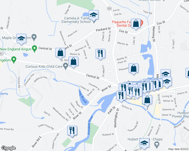 map of restaurants, bars, coffee shops, grocery stores, and more near 55 Central Street in Hudson