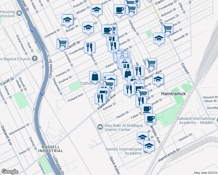 map of restaurants, bars, coffee shops, grocery stores, and more near 2619 Florian Street in Hamtramck
