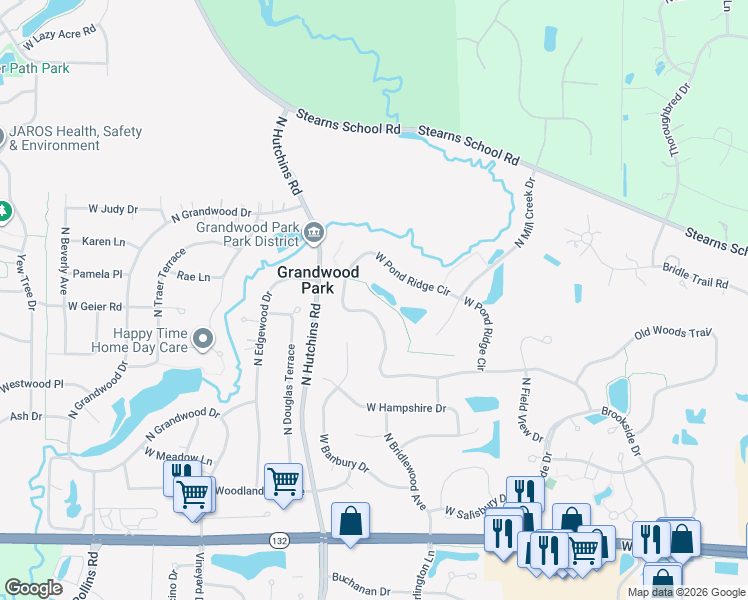 map of restaurants, bars, coffee shops, grocery stores, and more near 18007 West Pond Ridge Circle in Gurnee
