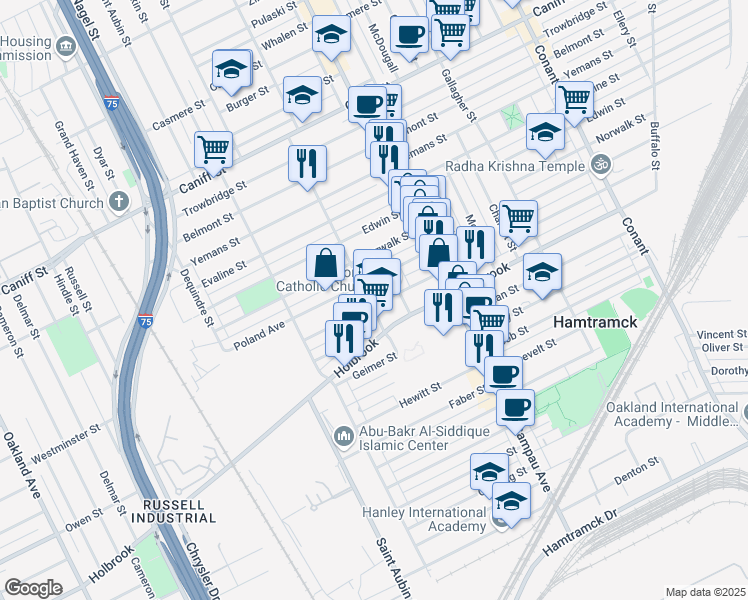 map of restaurants, bars, coffee shops, grocery stores, and more near 2619 Florian Street in Hamtramck
