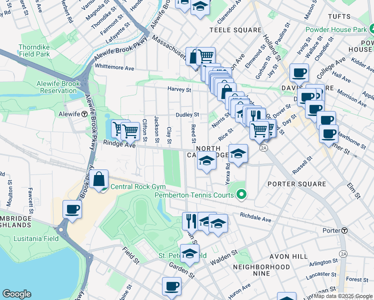map of restaurants, bars, coffee shops, grocery stores, and more near Rindge Avenue in Cambridge