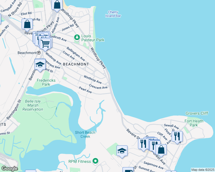 map of restaurants, bars, coffee shops, grocery stores, and more near 295R Crescent Avenue in Revere