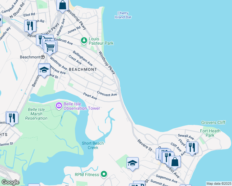 map of restaurants, bars, coffee shops, grocery stores, and more near 295R Crescent Avenue in Revere
