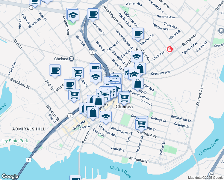map of restaurants, bars, coffee shops, grocery stores, and more near 4 Washington Avenue in Chelsea