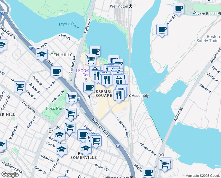 map of restaurants, bars, coffee shops, grocery stores, and more near in Somerville