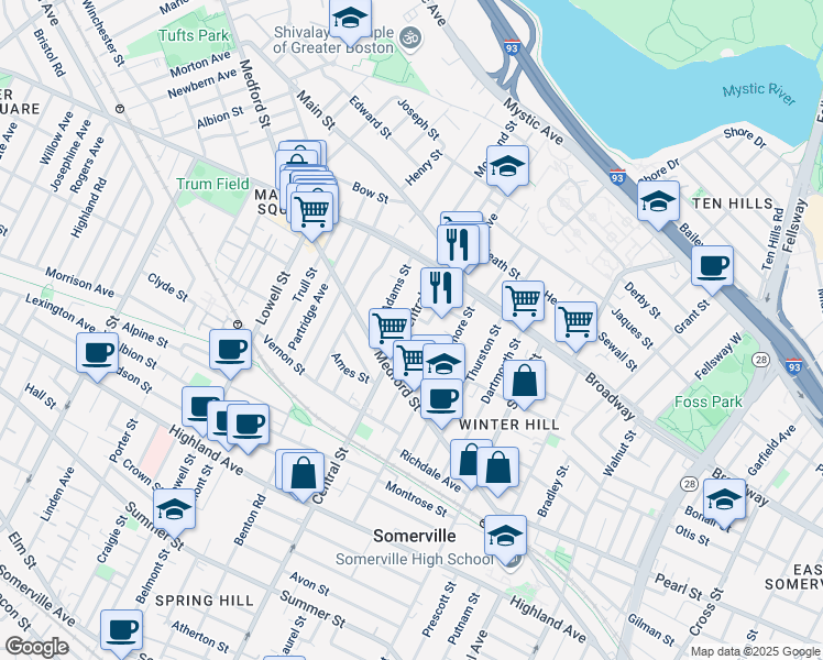 map of restaurants, bars, coffee shops, grocery stores, and more near 155 Central Street in Somerville
