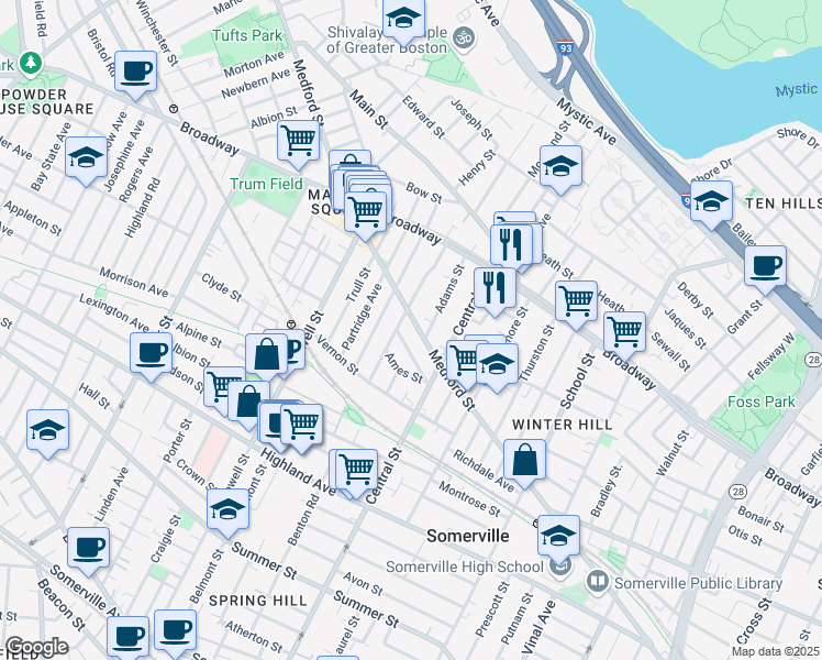 map of restaurants, bars, coffee shops, grocery stores, and more near 29 Robinson Street in Somerville